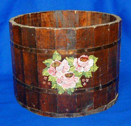 Wooden, Barrel Shaped Planter, Bound with Copper Strips. Size -  Diameter 290mm, Height 210mm