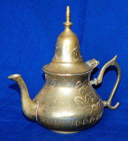 Brass Indian Tea Pot - Height 190mm Diameter 110mm - Handle and lid hinge repaired.