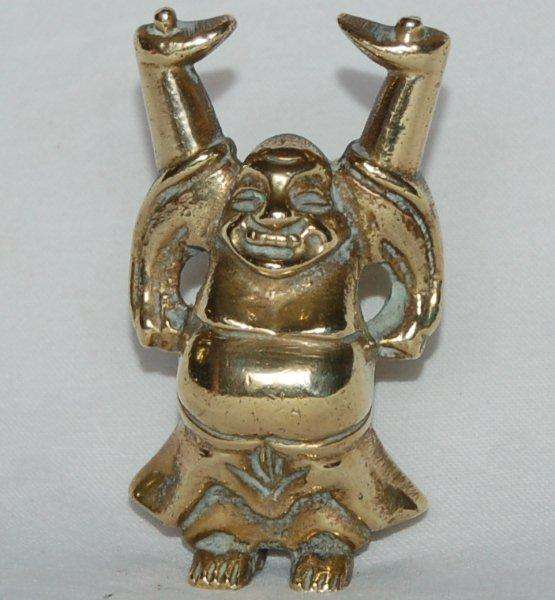 Miniature Brass Happy Buddha, Holding the Pearls of Wisdom - 65mm High