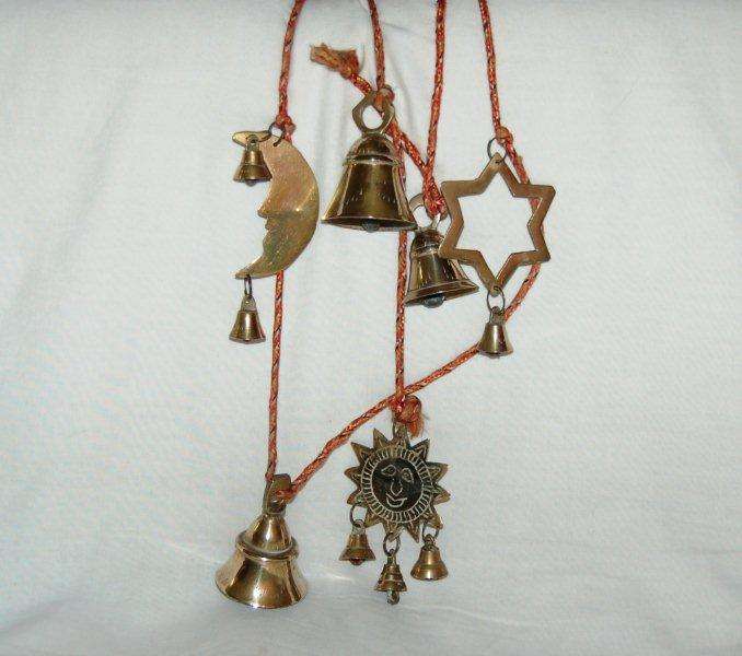 String of Brass Bells with the Sun, Moon and Star - Largest Bell is 70mm High
