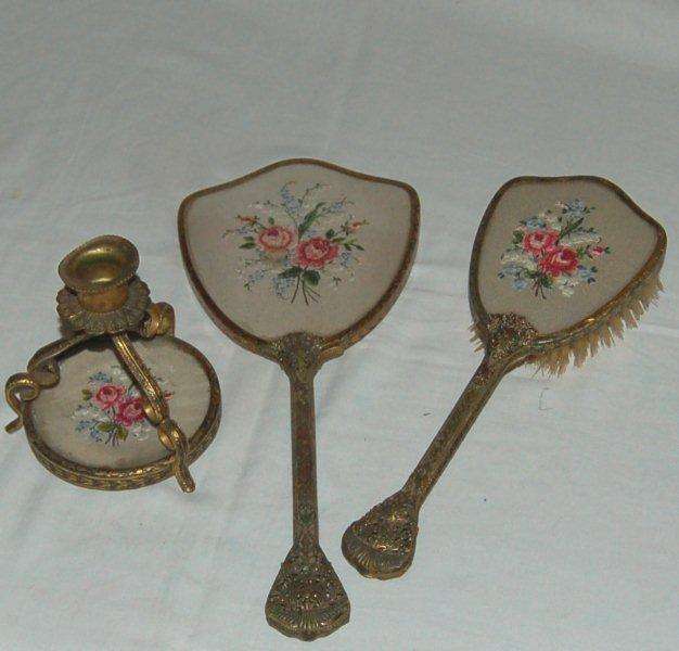Vintage -Petit Point - Bevelled Mirror - Hairbrush and Matching Candle Holder