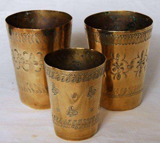 3 Vintage Brass Beakers - Largest one is 115mm High
