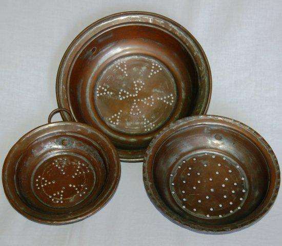 Set of 3 Antique Copper and Tin Kitchen Sieves with Hangers - Largest is 225 mm Diameter