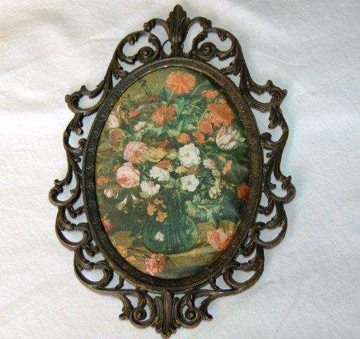 Floral Silk Picture in Metal/Bronzed type Hanging Frame - Made in Italy - 260mm High and 180mm Wide