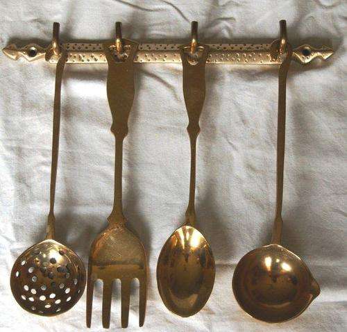 4 Piece Solid Brass Kitchen Utensil Set on a Brass Hanger - Utensil length 260mm No 2