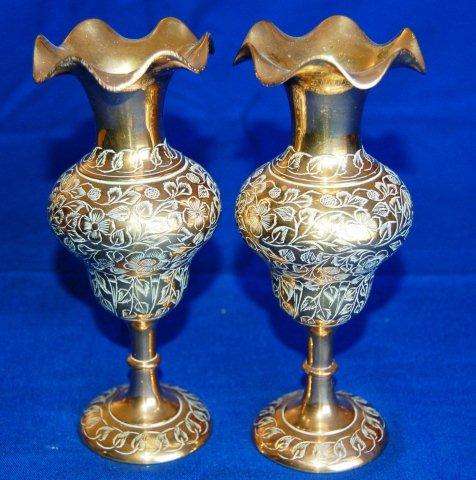 Pair of Beautifully Etched Brass Vases - Height 175mm