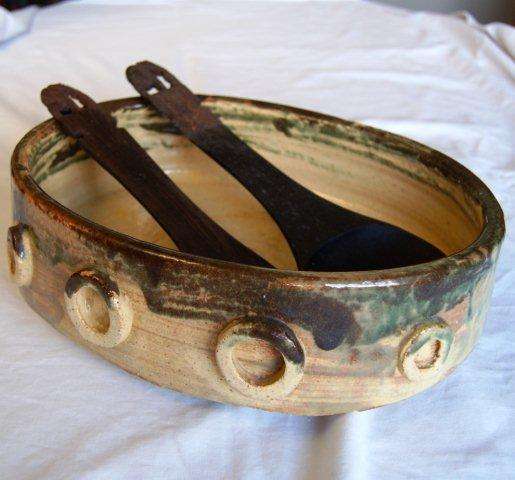 Unusual Large Ceramic Salad Bowl with Carved Elephant Serving Spoons - 300mm X 230mm X 80mm