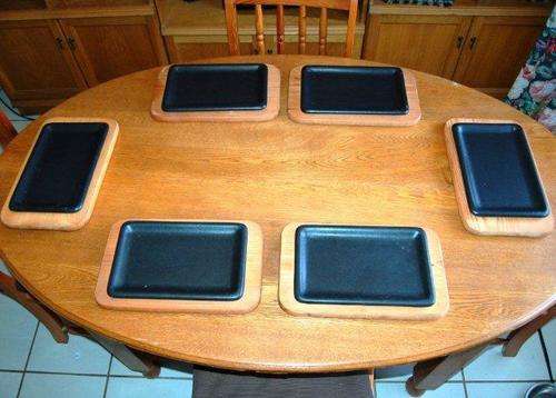 Set of 6 Falkirk Cast Iron Steak Plates With Wooden Boards. See all pictures and details below.