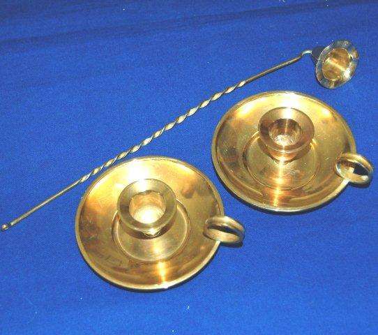 Quality Pair of Brass Candle Holders & Snuffer - Dia 95mm