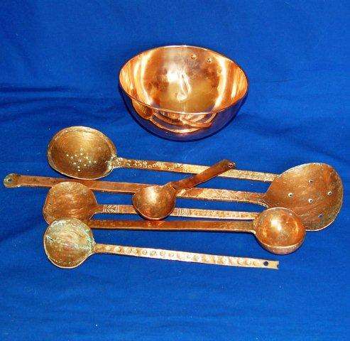 6 Hand Hammered Kitchen utensils (from 5mm Solid Copper) and a Copper Bowl made in Korea