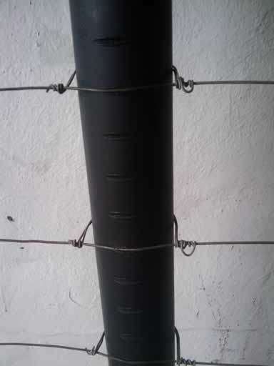 The wire of the fence tied to the plastic dropper.