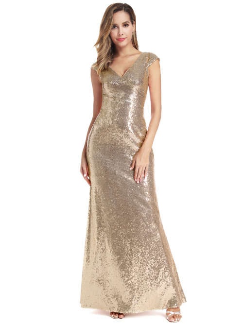 Gold Sequin Evening Dresses with Cap Sleeve