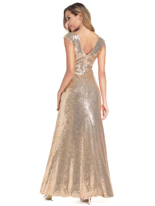 Gold Sequin Evening Dresses with Cap Sleeve