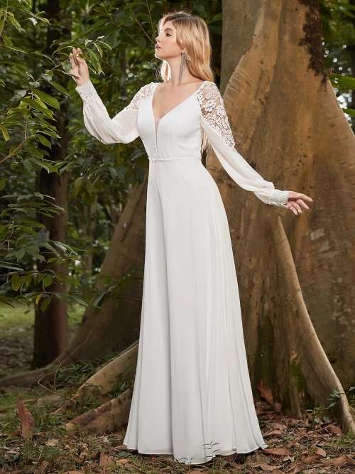 Elegant V Neck Maxi Chiffon  Wedding Dress with Lace Shoulder