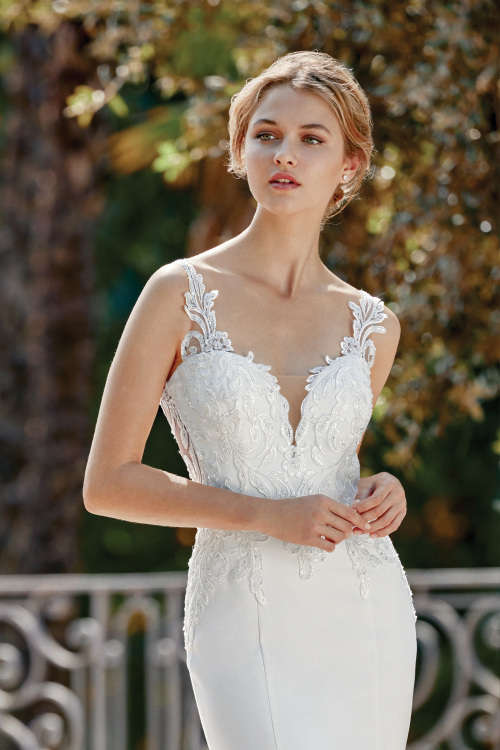 Crepe Fit and Flare Gown with Sequined Venice Lace
