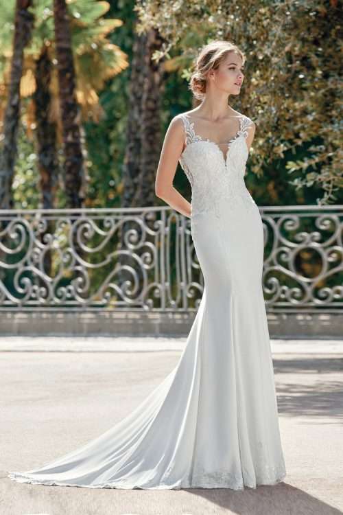 Crepe Fit and Flare Gown with Sequined Venice Lace