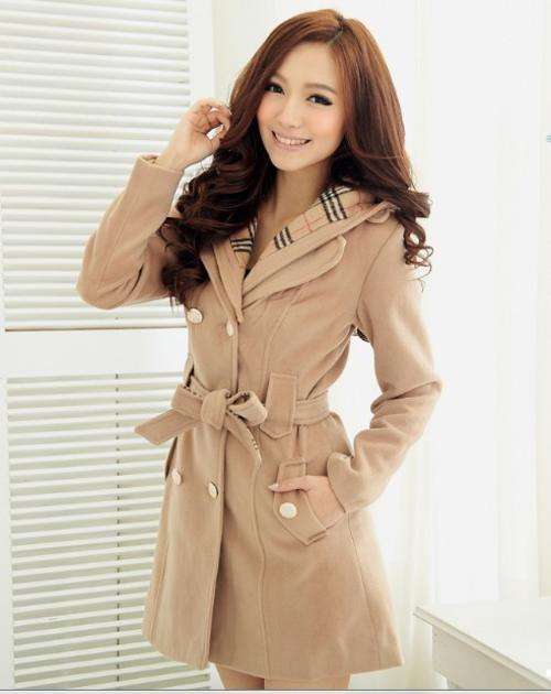 Fashion double-breasted wool warm coat removable hat S-XXL