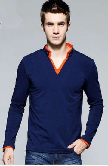 Fashion mens fake 2-piece  V collar  Long Sleeve T-Shirt