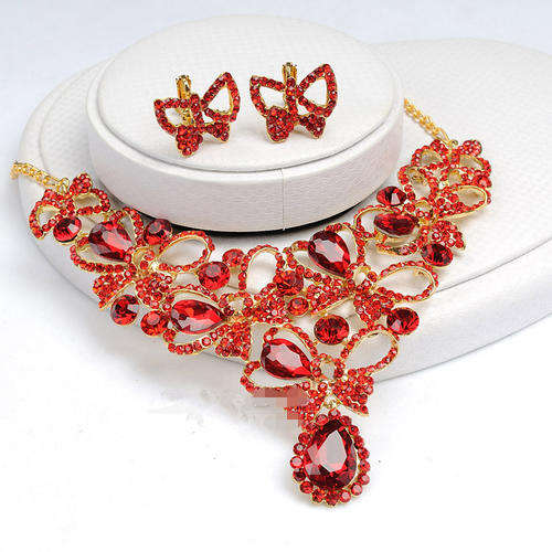 Retro Red  Rhinestone Wedding Necklace+Earrings