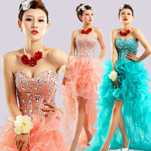 Pink, blue-green diamond strapless short Party Ball Evening Pageant Dresses