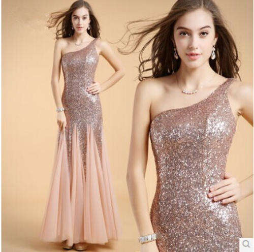 New Sequins One Shoulder Wedding Dresses Formal Party Ball Evening Pageant Dresses