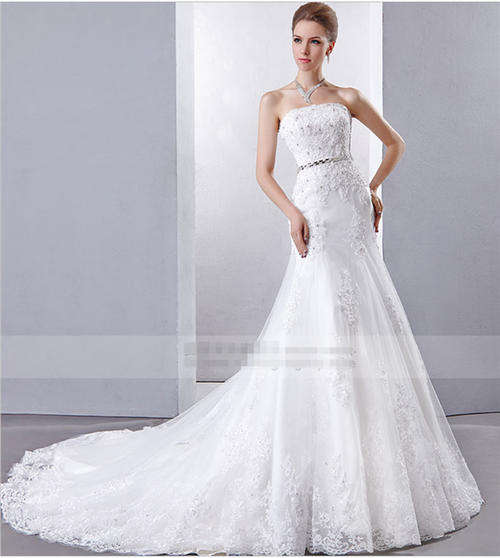 New Lace Crystal Mermaid Long Trailing Wedding Dress Free Shipping