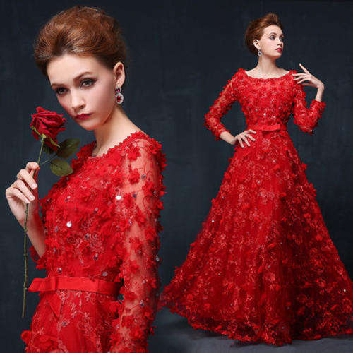 Long Sleeves Flower Evening Dress