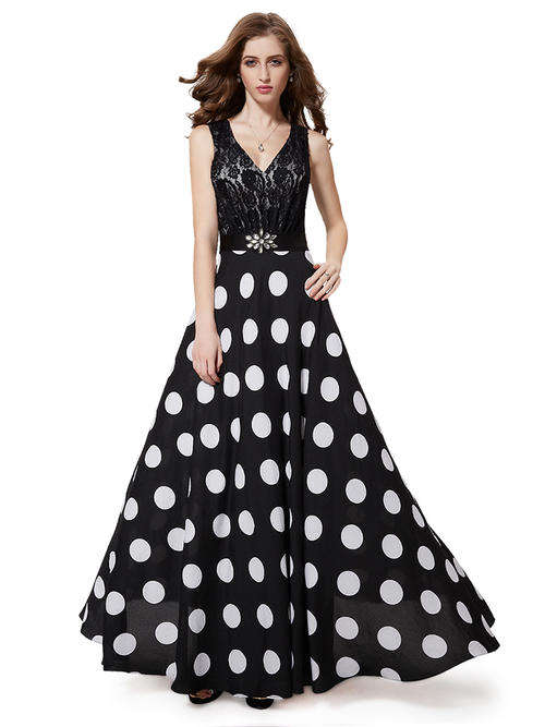 Sexy V-neck Black Lace And Polka-dotted Maxi Dress