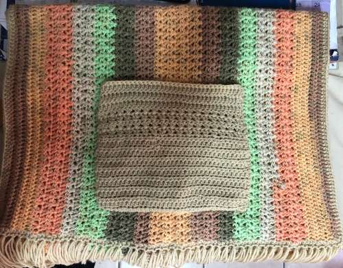 INPUT COST ONLY SALE Handmade crochet pocket scarf in green orange earthly colours