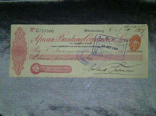 South African Bank Cheque From 1909