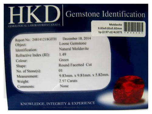 MOLDAVITE - 2.97ct `HKD CERT` 100% REAL AAA MOLDAVITE GREEN TEKTITE