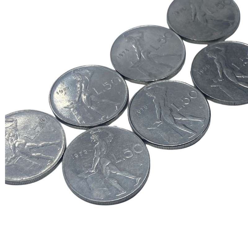 lot of 9  x 50 lira coins rervbblica italiana dated between 1955 and 1978