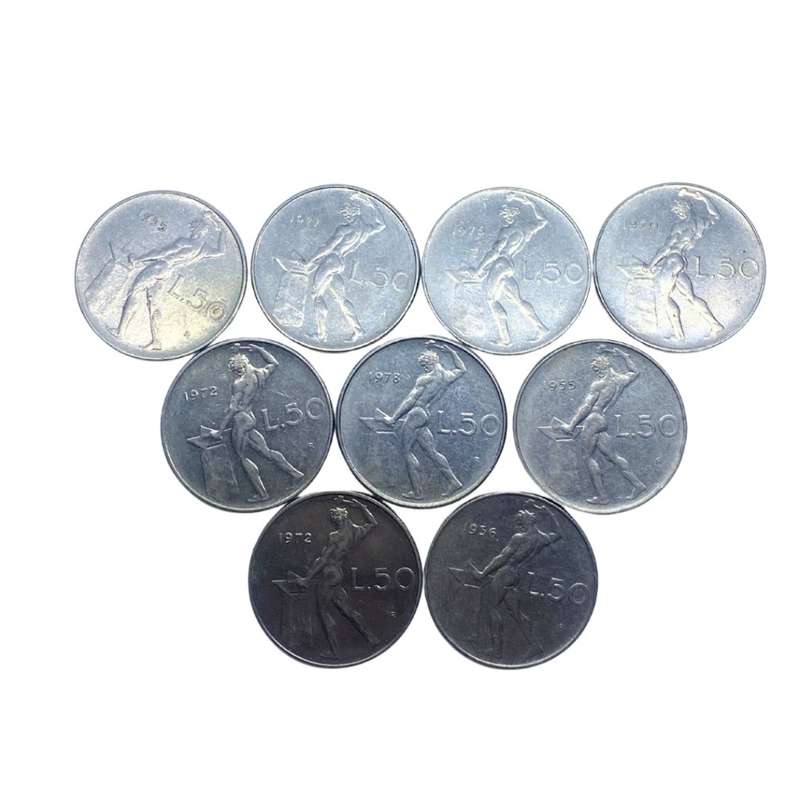 lot of 9  x 50 lira coins rervbblica italiana dated between 1955 and 1978