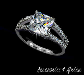 1cm Princess cut Cubic Zirconia stone with smaller CZ stones, plated platinum
