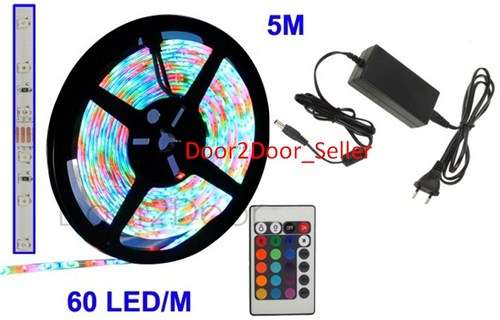 3528 LED RGB Colour 5M Waterproof STRIP Light, 60 LED p/meter + 12V AC Adapter & Remote control