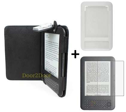 COMBO DEAL - Kindle 3 GENUINE Leather Case w/Reading Light + Screen Protector & Silicone Skin