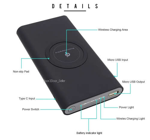 10 000mah Wireless Power Bank Fast Charge External Battery for Multiple Electronic Device