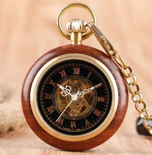Mechanical Hand Winding Pocket Watch Open Face Wood