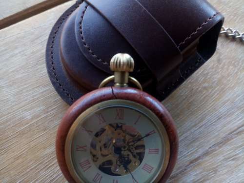 Mechanical Hand Winding Pocket Watch Open Face Wood ( Cracked)
