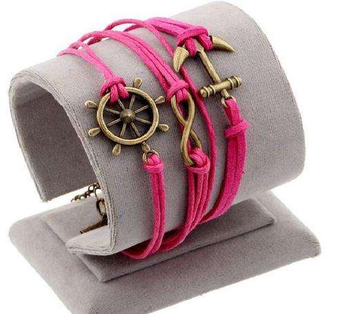 Pink Infinity Charm Bracelet in Antique Bronze ,Wax Cords Leather Braid bracelet & bangle