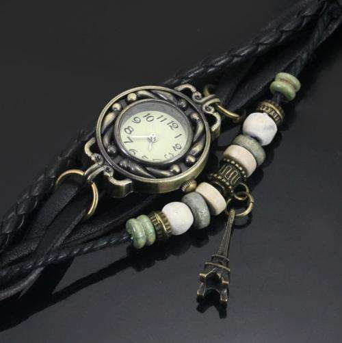 Black Leather Retro Vintage Paris Eiffel Tower Pendant Analog Quartz Hand Watches