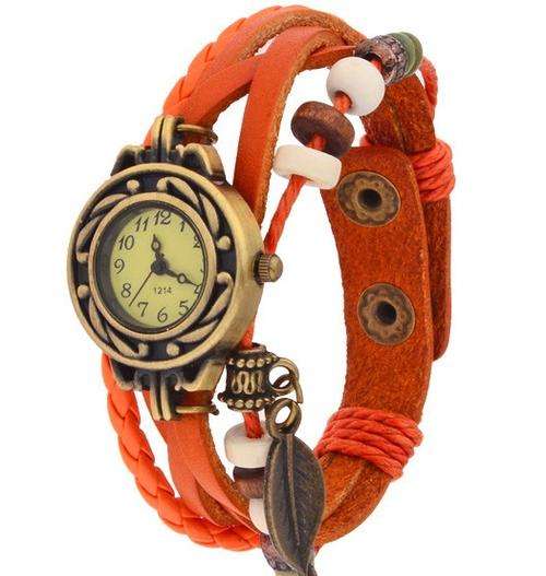 Bracelet Retro Leaf Wrist Watch Leather Strap Quartz Watch Orange