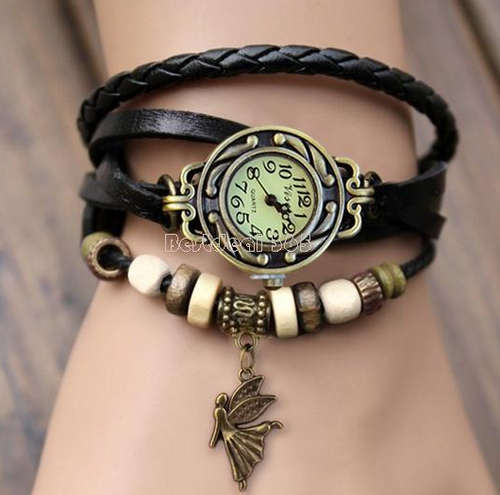 Vintage Quartz Women Dress Watch Wrap Angel Pendant Synthetic Leather Bracelet