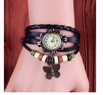 Vintage Bracelet Wristwatches  Women Black Genuine Leather Strap