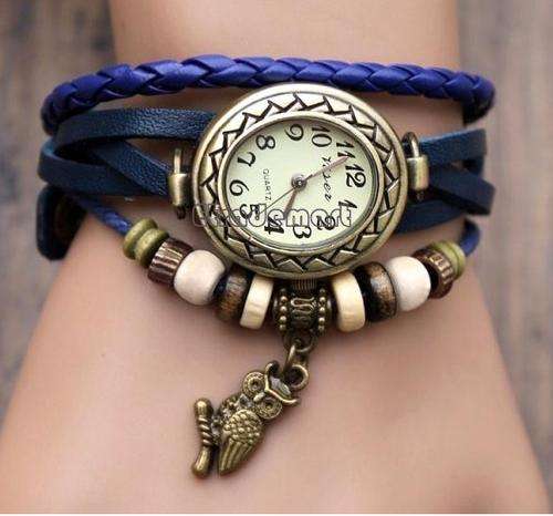 Blue Women Leather Wrist Watch Bracelet Retro Vintage Owl Pendant