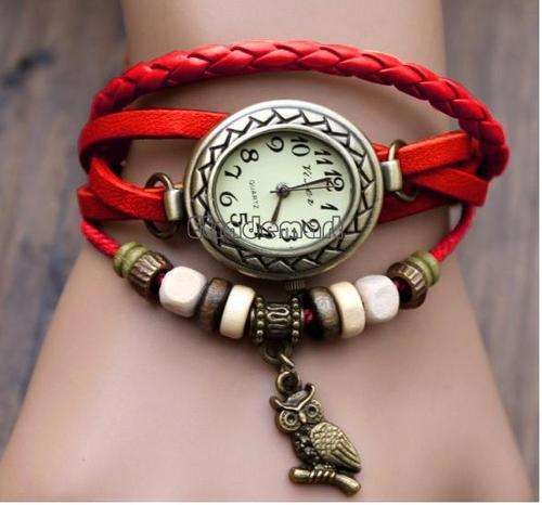 Red Women Leather Wrist Watch Bracelet Retro Vintage Owl Pendant
