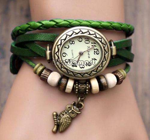 Green Women Leather Wrist Watch Bracelet Retro Vintage Owl Pendant