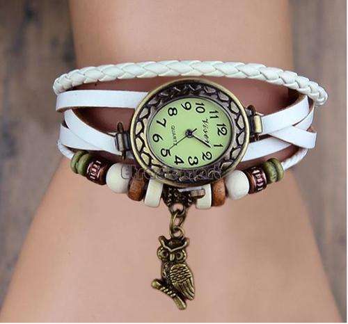 White Women Leather Wrist Watch Bracelet Retro Vintage Owl Pendant