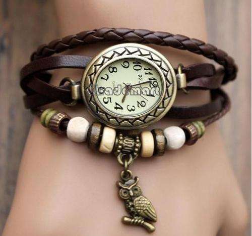 Coffee Women Leather Wrist Watch Bracelet Retro Vintage Owl Pendant