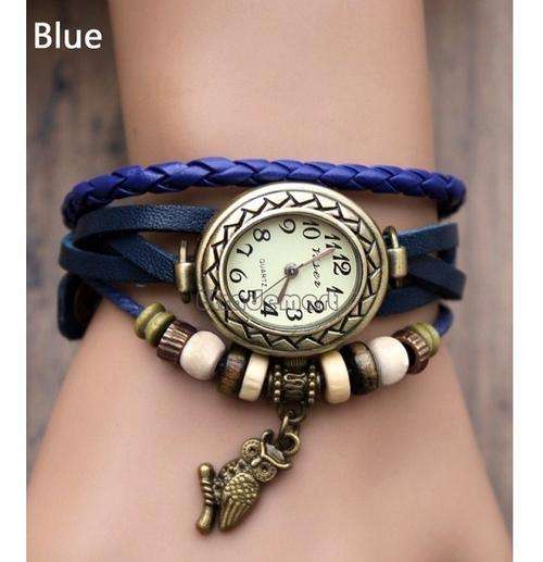 Blue Women Leather Wrist Watch Bracelet, Retro Vintage Owl Pendant Weave Wrap